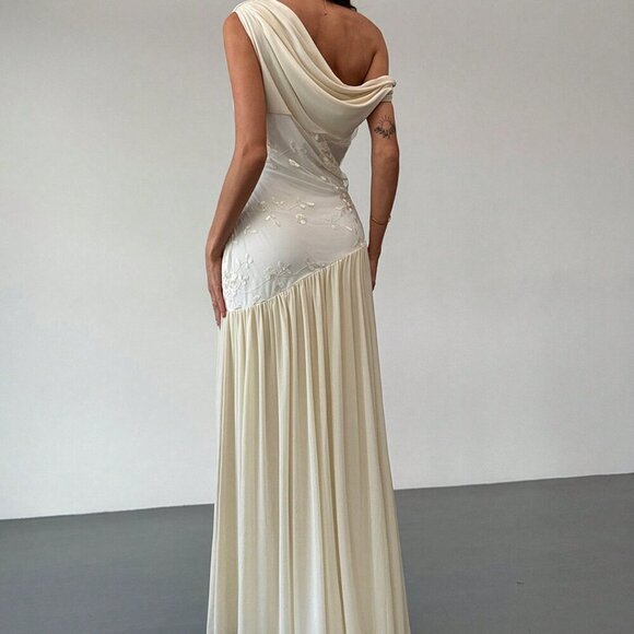 Apricot Elegant Women's Off Shoulder Mesh Floral Embroidered Maxi Dress - Picture 2 of 9